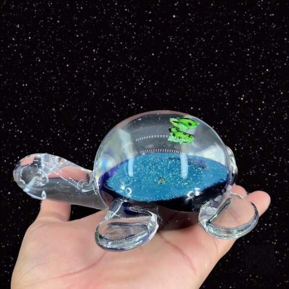 Art Glass Turtle Paperweight Figurine Thick Heavy Glass Turtle W Green Frogs - Picture 12 of 13